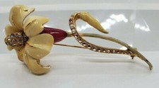 Long Stem Flower Brooch Pin Enamel Rhinestone Yellow 3" Long x 1.5" Wide