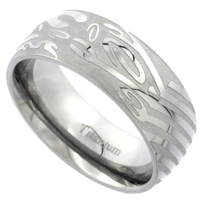 8mm Titanium Wedding Band Ring w/ Abstract Pattern, Satin Background Comfort Fit