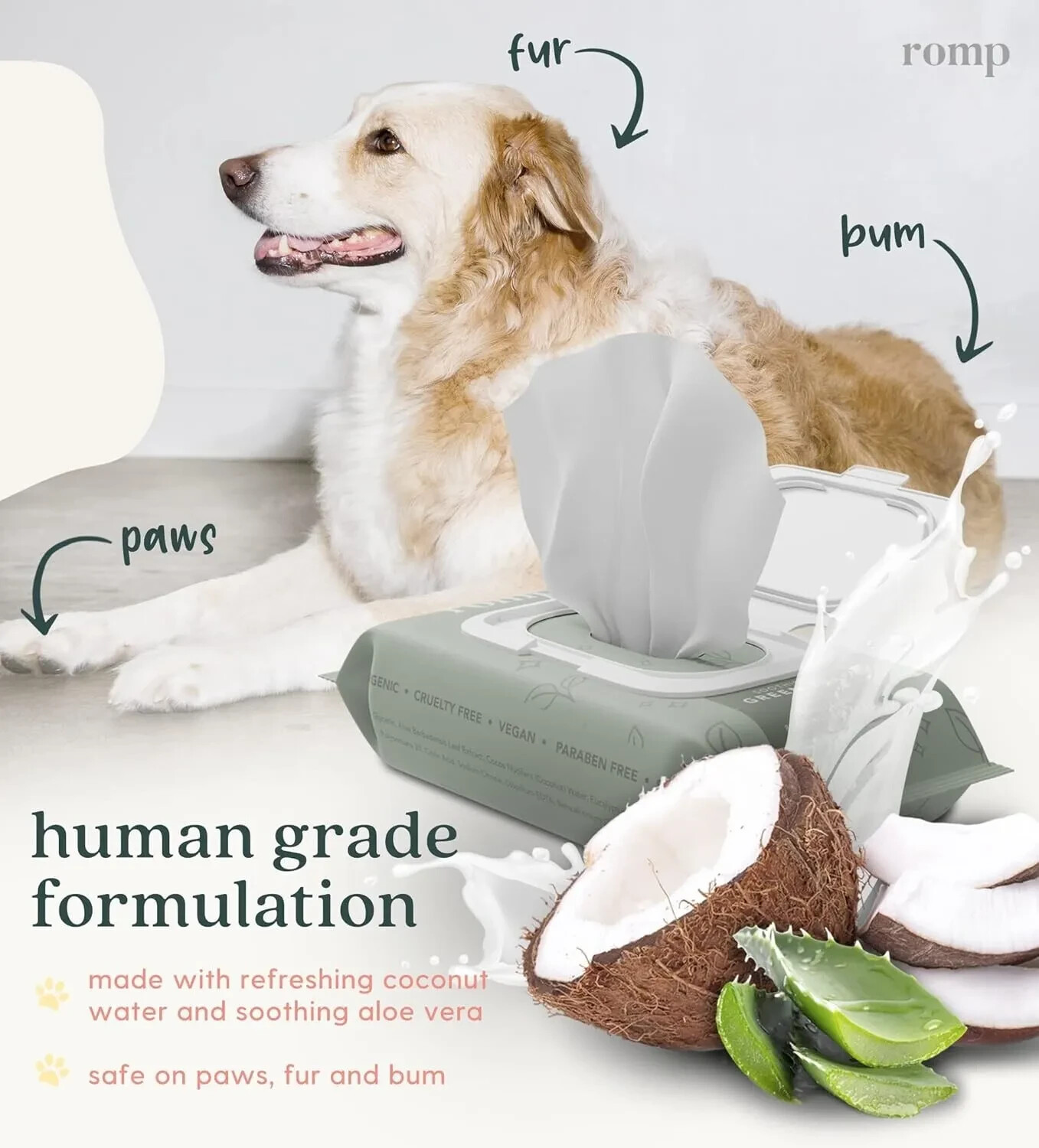 ROMP Dog Cat Pet Grooming Wipes, Green Tea Plant Based, Cleaning, Face
