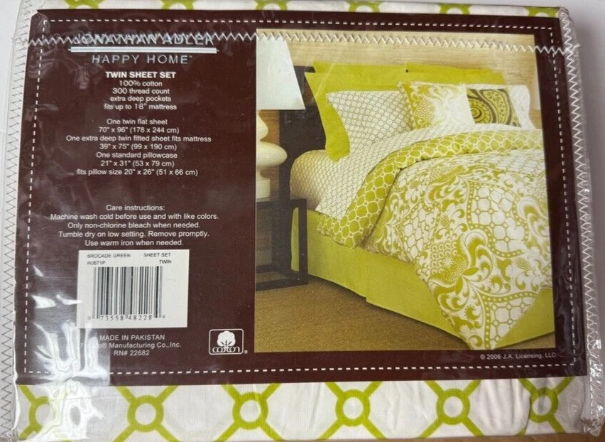 JUEGO DE SÁBANAS AJUSTABLES DOBLES X PROFUNDAS Verde Blanco Brocado Jonathan Adler ALGODÓN NUEVO EN PAQUETE 3 PIEZAS Foto 2 de 4