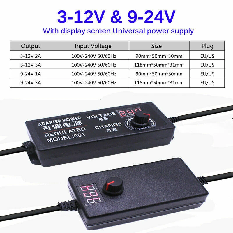 Adjustable AC to DC3-12V 9-24V Regulated Adapter Power Supply Adapter EU/US Plug - Image 3 of 4