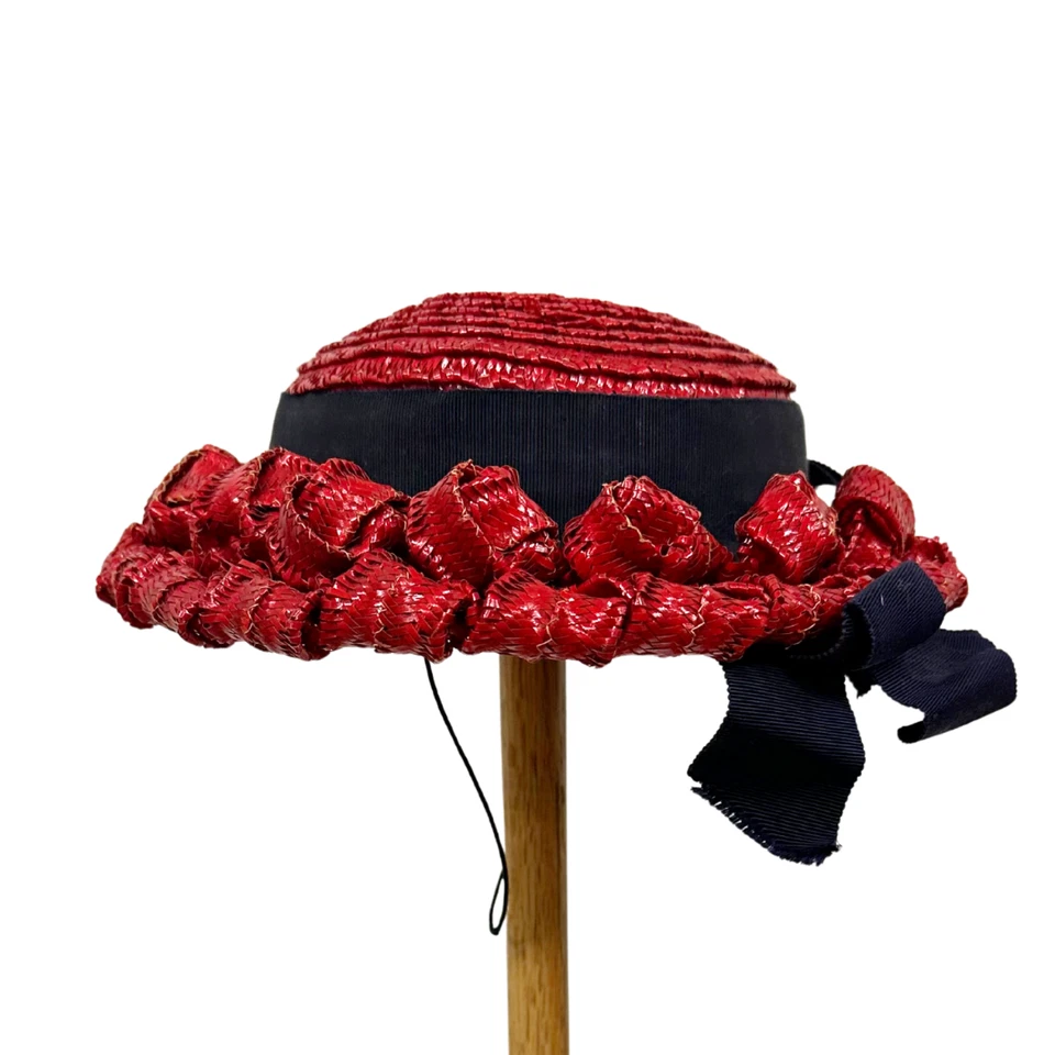 De colección 1930 Rickie Original por Berkley Rojo Tejido Rafia Azul Marino Cinta Sombrero Foto 4 de 4