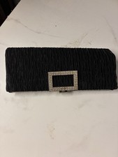 Black Satin Ruched Evening Bag Rhinestone Frame Clasp Detachable Chain Clutch