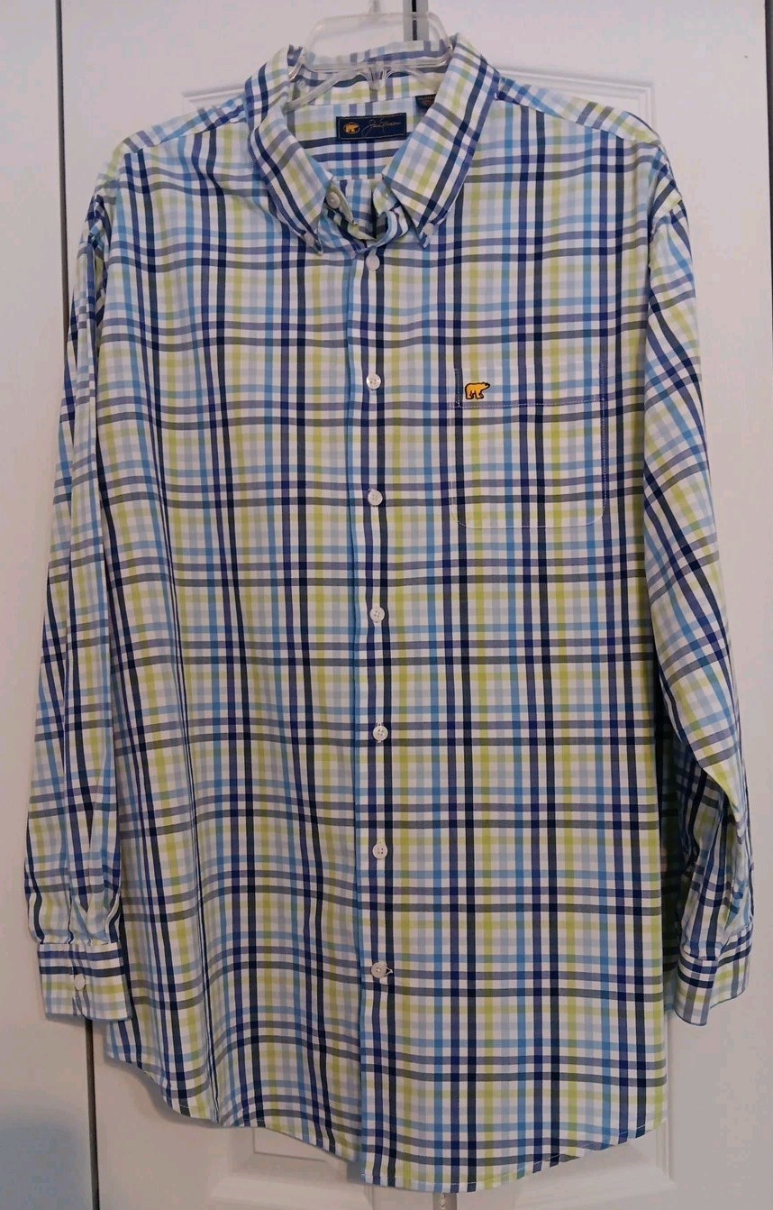 Jack Nicklaus Button Down Shirt, XXL, Blue, Green Plaid, Long Sleeve, Cotton