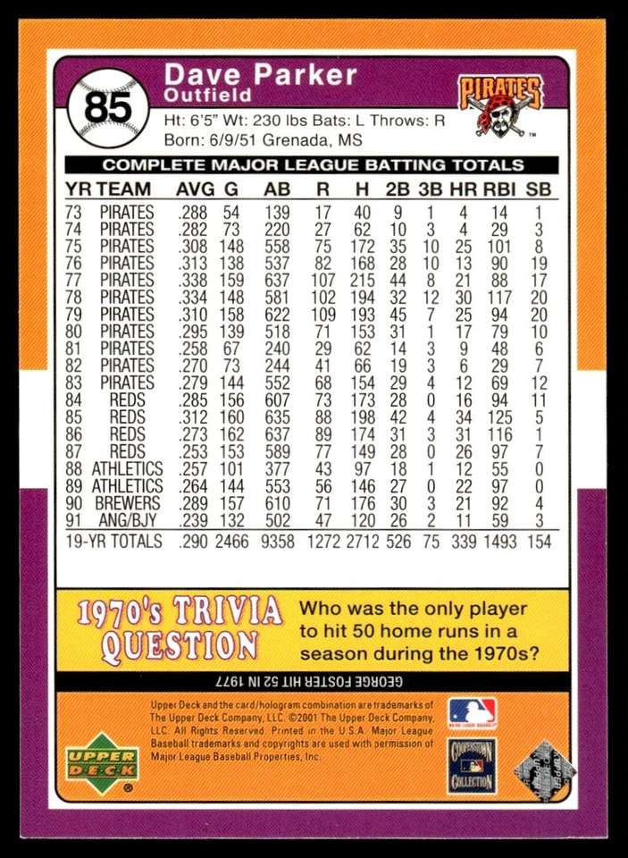 2001 Upper Deck Decade 1970's #85 Dave Parker - Pittsburgh Pirates - HOF - Image 2 of 2