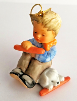 1997 Berta Hummel Goebel Ceramic Christmas Ornament Boy Sitting with Puppy Dog