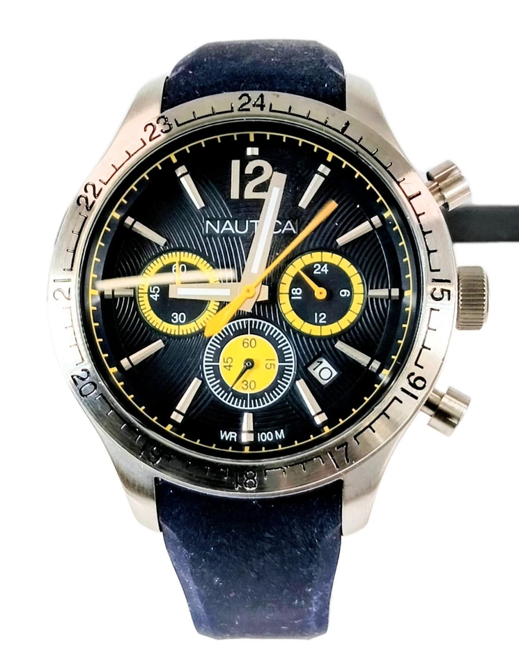 Reloj cronógrafo Nautica 44 mm para hombre. Correa azul oscuro con detalles amarillos y esfera azul NOS Foto 2 de 4