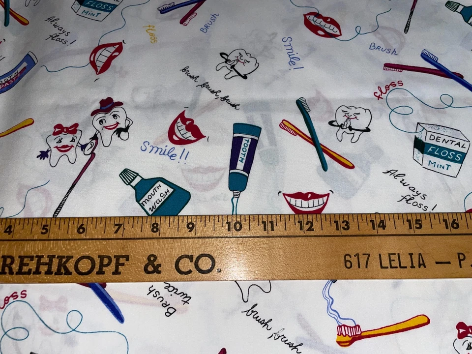 1 Yard X 62" DENTAL Themed Cotton Fabric Teeth Toothbrushes Floss Smile BTY - Image 3 of 4