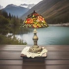 Vintage Tiffany Style 18” Table Lamp Jeweled Floral Glass Shade Duel Sockets