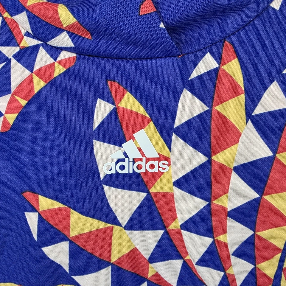 Adidas x Farm Rio Hoodie Womens M Blue Multicolor Geometric 3-Stripes IQ4490 - Image 2 of 4
