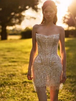 Sparkling Beaded Tassel Mini Wedding Dress Captivating Strapless Backless