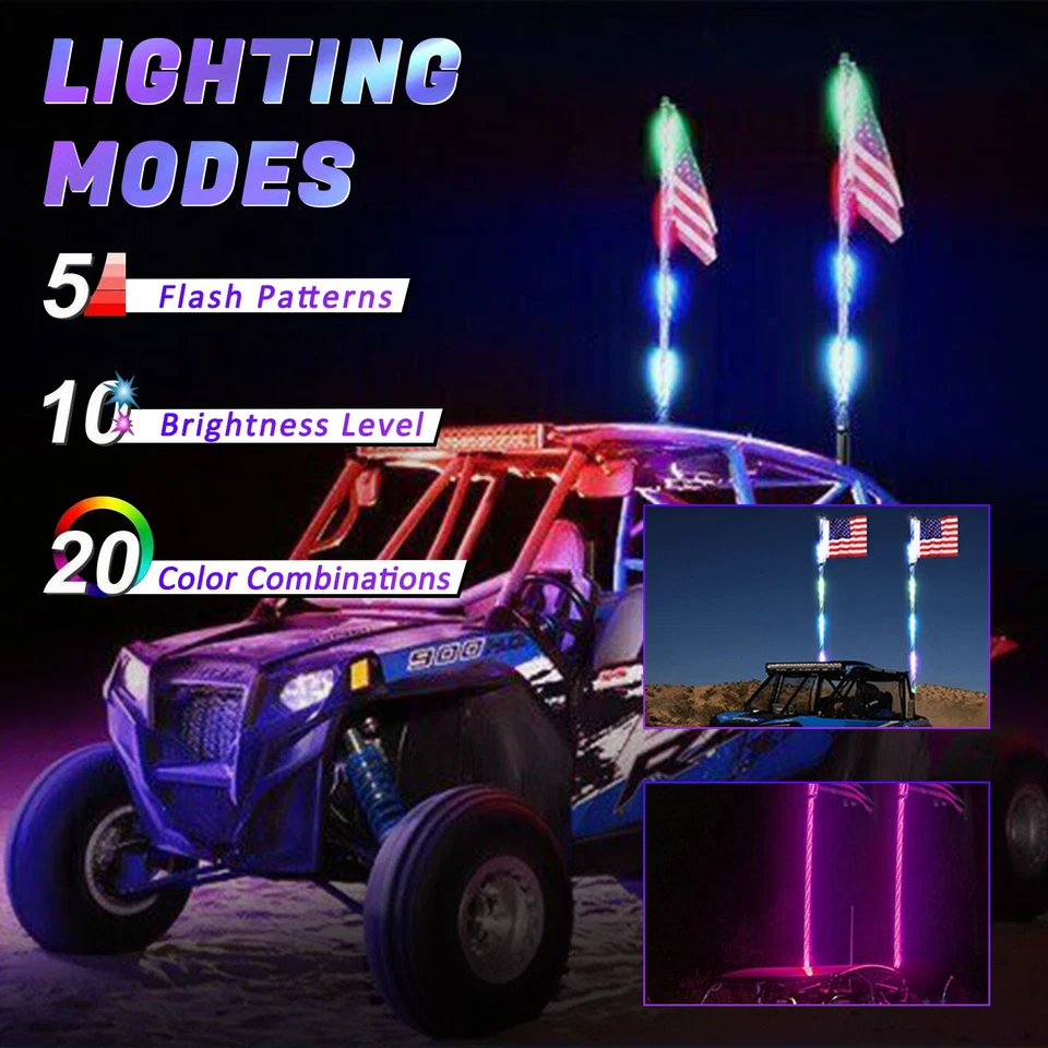 2X 3ft RGB LED Whip Lights Antenna W/Flag Remote Control For Polaris RZR UTV ATV - Image 2 of 4