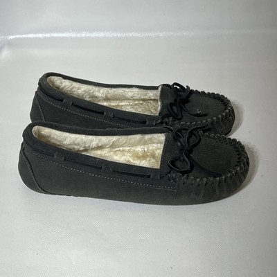 Minnetonka Gray Suede Moccasin Slippers, Pile Lined, Hard Soled #4950  Size 7M