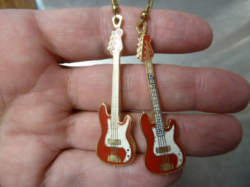 (#M219D) FENDER P BASS GUITAR EARRINGS Electric love music Gold earring pierced