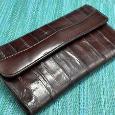 Vtg Maroon Eel Skin Checkbook Wallet Clutch Billfold Card Slots Korea