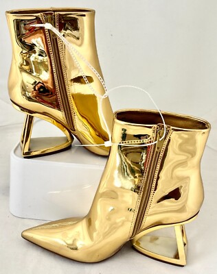 Metallic MIRROR GOLD Boots/Booties 7 Geometric Heel Retro/Futuristic Gianni Bini