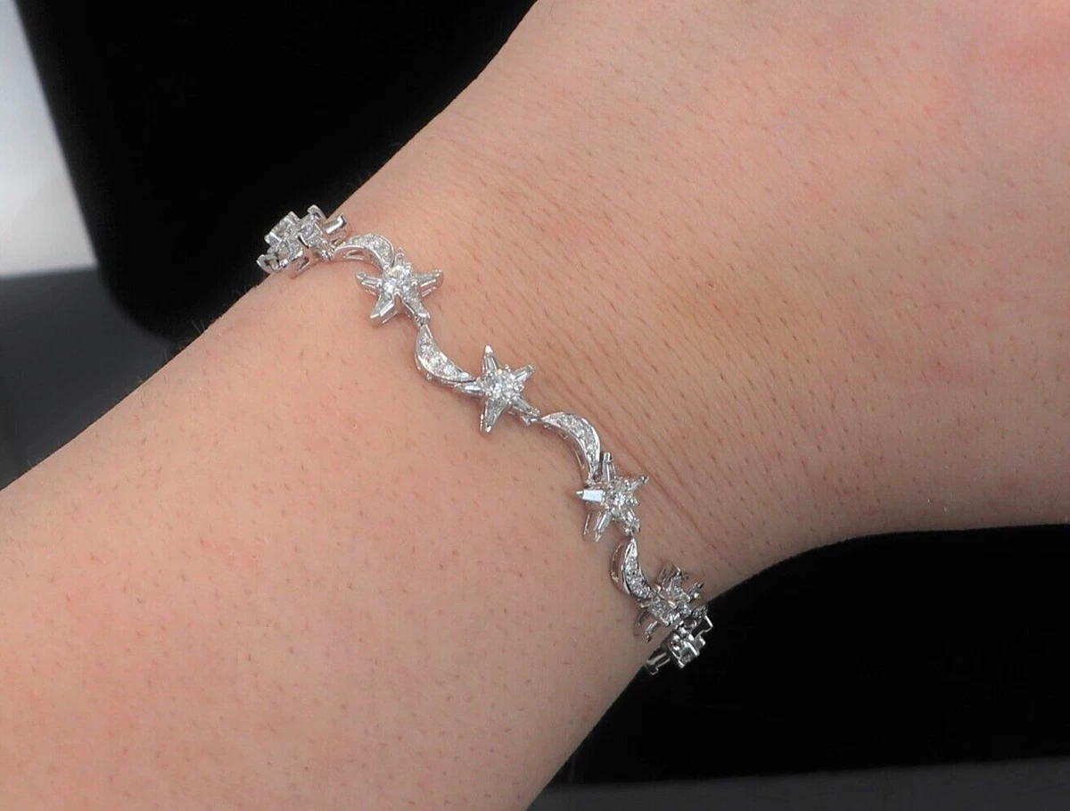 5 200 18k White Gold Baguette Round Diamond Star Half Moon 7 Tennis Bracelet