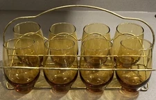 8 MidCentury Modern Amber Bar Glasses / Foldable Metal Caddy Retro Barware MCM