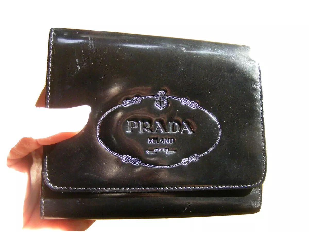 PRADA Milano Black Patent Spazzolato Medium Wallet Used- RARE