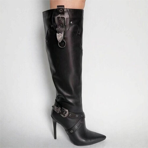 Womens Spring PU Leather Pointed Toe High Heels Metal Side Zip Knee High Boots - Afbeelding 1 van 12