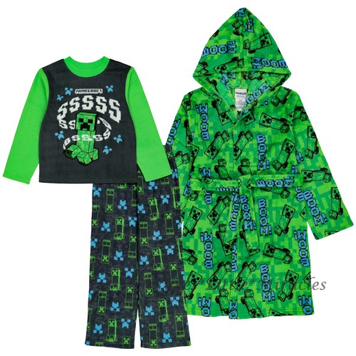 Minecraft Boy Pajamas Robe Set 3 Piece Hoodie Cover Up Size 6 8 Creeper Girl NWT - Picture 2 of 6