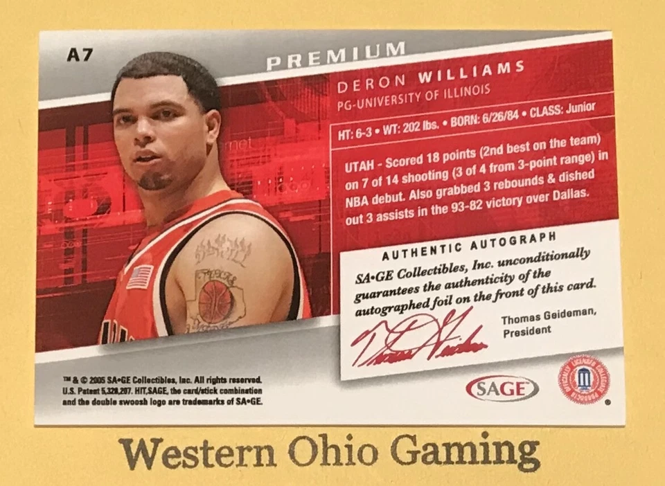 Tarjeta autógrafa auténtica Sage Premium Deron Williams #A7 Gold Rookie 2005 #45/50 Foto 2 de 2