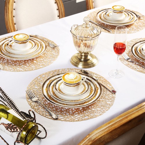 12 Packs Gold Round Placemats 15 Inch Hollow Out Pressed Vinyl Place Mats Hea... - Picture 2 of 8