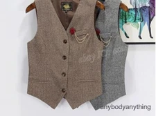 Women Vintage Wool Blend Tweed Vest Herringbone Slim Fit Waistcoat Tuxedo