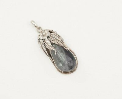 Sterling Silber großer Labradorit blau grau Edelstein Blume Blatt Design Anhänger
