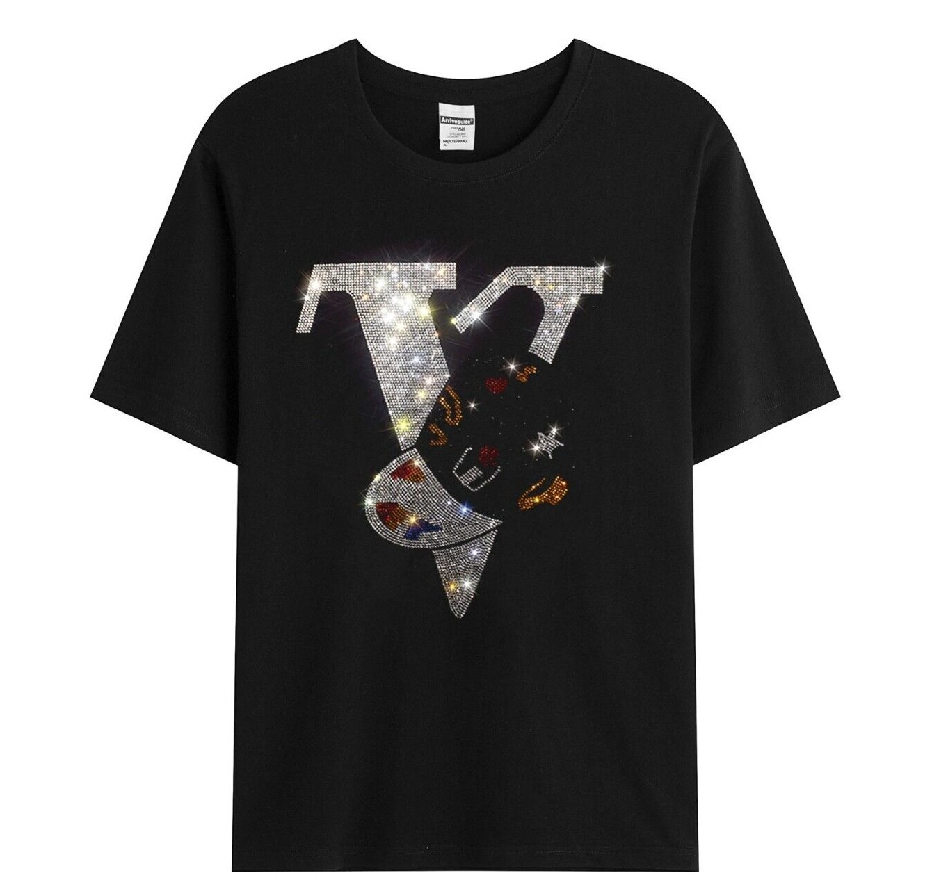 New Men Diamond Fashion Rhinestones Cap V Short Sleeve Luxury Black T