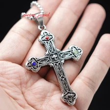 JXC Mens Multi Colored Stone Byzantine Medieval Cross Pendant Necklace For Men