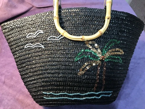 Straw Beach Purse Handbag Beaded Black Palm Tree Ocean Birds Beaded / Sequens