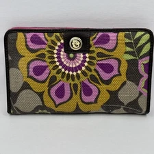 Spartina Daufuskie Island Natural Linen Leather Cora Snap Wallet Brown Purple