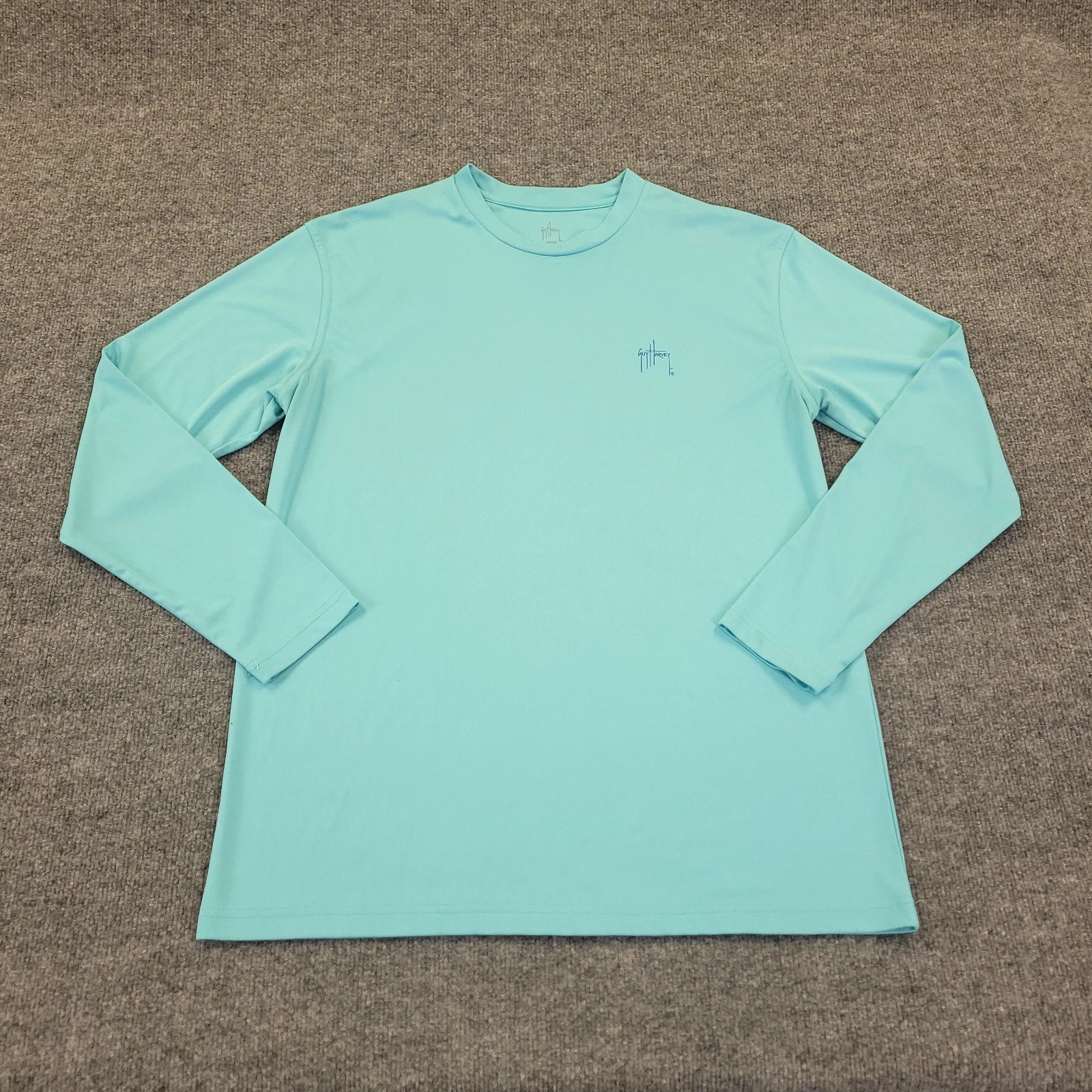 Guy Harvey Mens Large Performance Fishing Shirt Long Sleeve Aqua Blue Solid