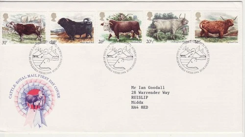 GB Stamps First Day Cover British Cattle, bull, cow, horn, farming show SHS 1984