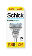 Schick Hydro Dry Skin 5-Blade Razor - 1 Razor Handle + 3 Cartridges