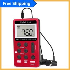 V112 Pocket Radio - Portable AM/FM Stereo with Headphones, Rechargeable, Red