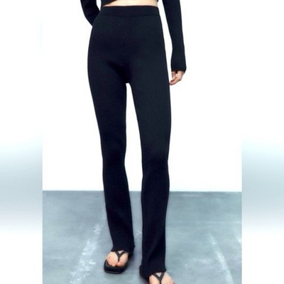 Black Ribbed Knit casual lounge essential collegiate comfy stretch pull on Pants