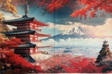 Large Colorful Nylon Japanese Landscape Mural Mt Fuji & Chureito Pagoda 40&rdquo; X80&rdquo;