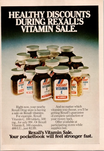 Rexall Vintage Magazine Ad Vitamin Sale Pharmacy Drug Store Bottles 1970s