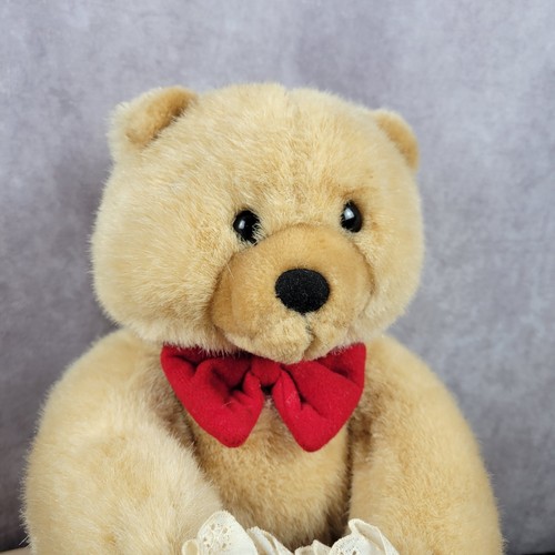 Vintage Joy Toy Beige Teddy Bear Valentine Red Lace Heart Bow Tie I Love You 10" - Picture 3 of 10