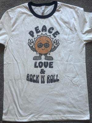 PEACE LOVE ROCK N ROLL ringer Shirt Size medium. Beige With Black Ringer Trim