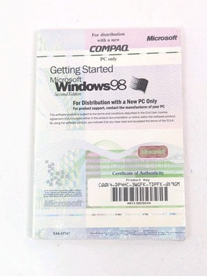 Microsoft Windows 98 Getting Started Manual Certificate Product