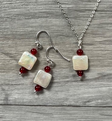 Quadratische Keshi Perle & Erdabbau Rubin Ohrringe & Halskette, 925 Sterling Silber 
