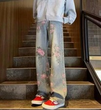 Men's Light Blue Denim Jeans Straight Leg Floral Printed Pants Trousers Hippie