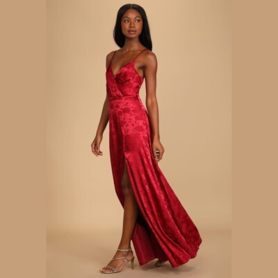 Lulus Burgundy Red Floral Satin Radiant Refinement Jacquard Maxi  