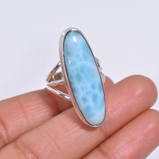Natural Larimar Ring 925 Sterling Silver Statement Boho Rings Gift Jewelry Women
