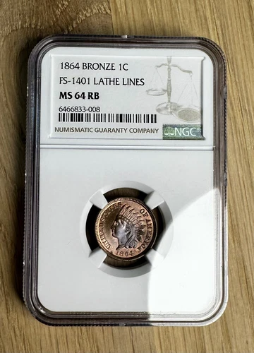 1864 Bronze Indian Cent 1c NGC MS 64 RB FS-1401 Lathe Lines Rare
