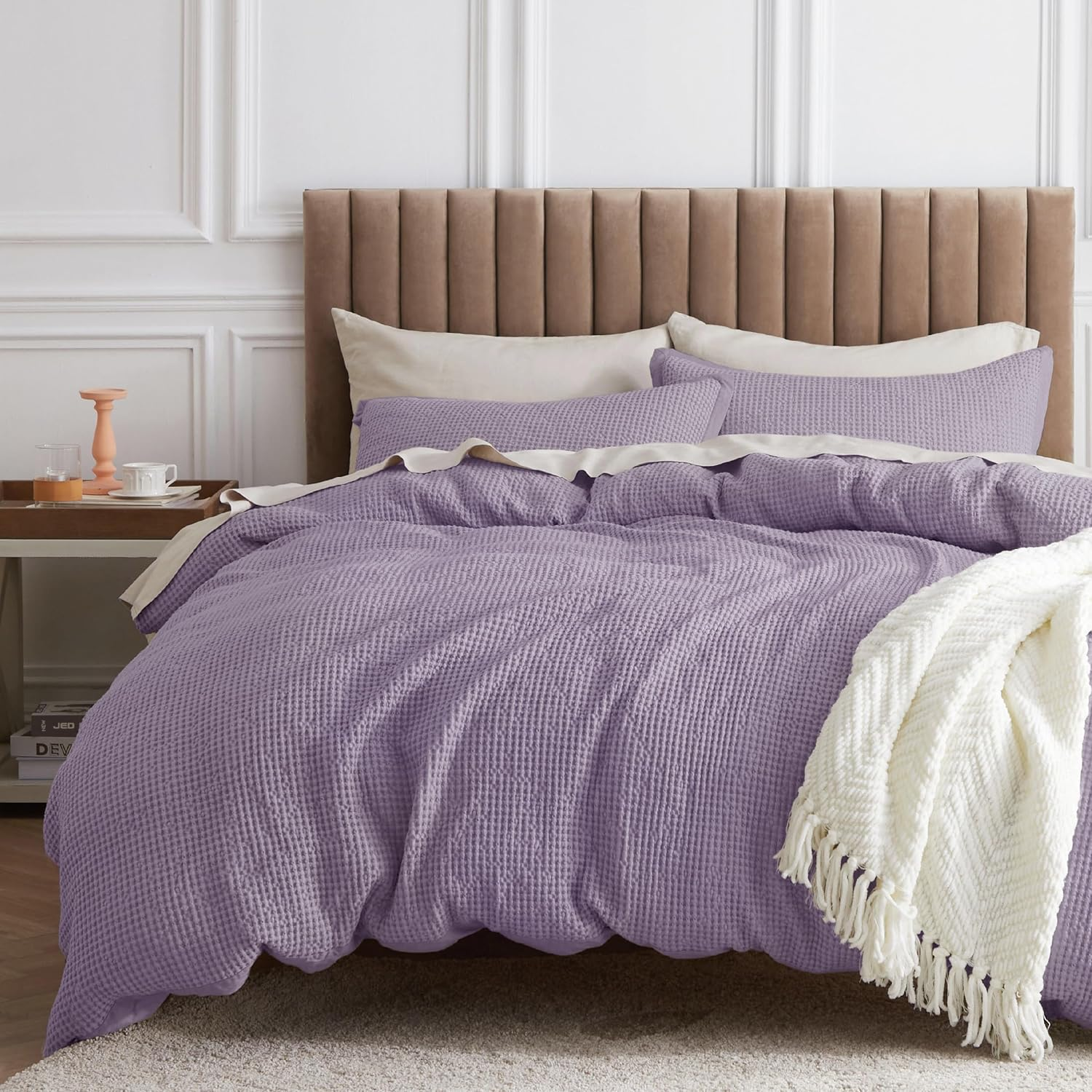 100% Cotton Waffle Weave Grey Purple Queen Duvet Cover for Comfort-image