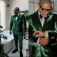 Green Velvet Men Suit Dinner Wedding Groom Formal Peak Lapel Tuxedos Men Blazers